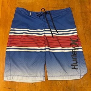 Hurley Men's Striped Blue and Red Board Shorts